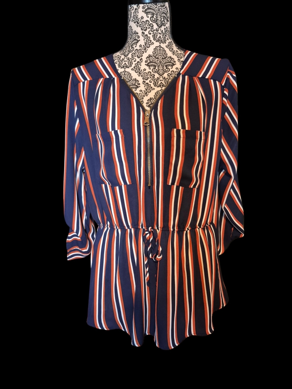 Justify Navy Striped Zip-Front Drawstring Blouse - Picture 4 of 6